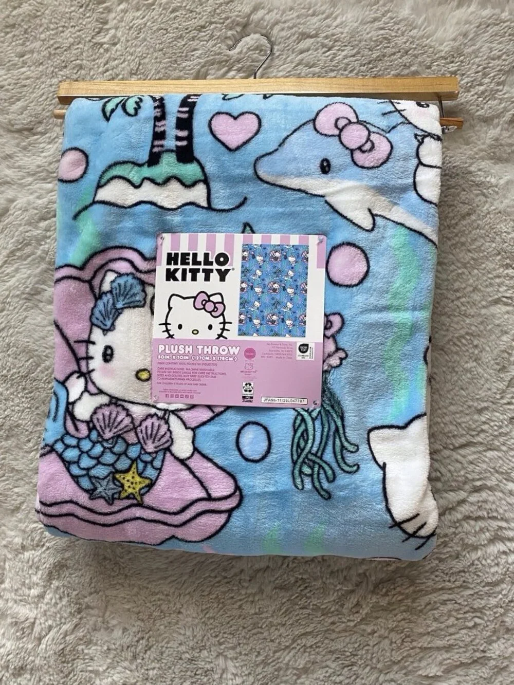 Hello Kitty Mermaid Dolphin Jellyfish Soft Throw Blanket Blue Pink 50” X 70” NEW